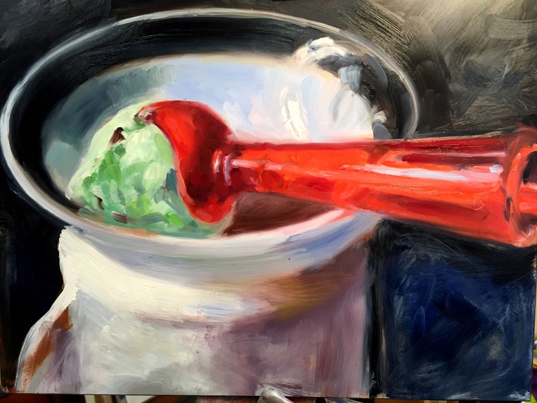 mint ice cream and red scoop 